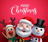 Merry christmas greeting text with santa claus, reindeer and snowman vector characters