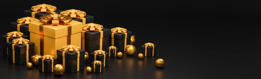 Merry Christmas and Happy New Year banner luxury style., realistic gold and black gifts box with golden Christmas balls.,3d model