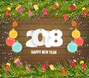 2018 Merry Christmas and Happy New Year card with fir-tree and christmas balls. vector illustration 2018 Merry Christmas and Happy New Year card with fir-tree and christmas balls. vector illustration