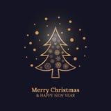 Merry Christmas and Happy New Year card with Christmas tree and gold snowflakes on dark blue background. royalty free illustration Merry Christmas and Happy New Year card with Christmas tree and gold snowflakes on dark blue background. royalty free illustration