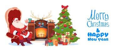 Merry Christmas And Happy New Year Greeting Card With Santa Claus. Sitting In Armchair Near Fireplace Winter Holiday Concept Banner Flat Vector Illustration stock illustration Merry Christmas And Happy New Year Greeting Card With Santa Claus. Sitting In Armchair Near Fireplace Winter Holiday Concept Banner Flat Vector Illustration stock illustration