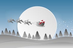 Merry Christmas and Happy New Year greeting card. Santa Claus ri. Ding reindeer above full moon and winter background. Paper art style. Vector illustration royalty free illustration Merry Christmas and Happy New Year greeting card. Santa Claus ri. Ding reindeer above full moon and winter background. Paper art style. Vector illustration royalty free illustration