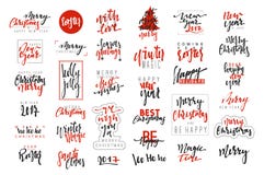 Merry Christmas and Happy New Year 2017 luxury calligraphy emblems set. New red inscriptions holidays, vector logo, text design. Usable for banners, greeting royalty free illustration Merry Christmas and Happy New Year 2017 luxury calligraphy emblems set. New red inscriptions holidays, vector logo, text design. Usable for banners, greeting royalty free illustration
