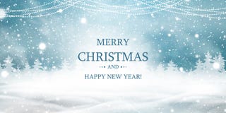 Merry Christmas. Happy new year. Natural Winter Christmas background with blue sky, heavy snowfall, snow, snowy