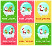 Merry Christmas Happy New Year Poster Santa Elf. Merry Christmas and Happy New Year posters Santa and Elf in glass ball decorate tree on ladder, dance on cute stock illustration Merry Christmas Happy New Year Poster Santa Elf. Merry Christmas and Happy New Year posters Santa and Elf in glass ball decorate tree on ladder, dance on cute stock illustration