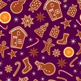 Merry Christmas and Happy New Year seamless pattern with gingerbread cookies, orange and sparkles isolated on dark lilac. Background. Vector illustration for stock illustration Merry Christmas and Happy New Year seamless pattern with gingerbread cookies, orange and sparkles isolated on dark lilac. Background. Vector illustration for stock illustration