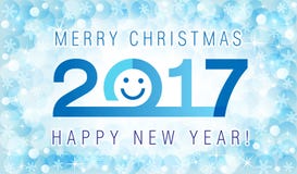 Merry Christmas and Happy New Year 2017 smiling face card. The logo of 2017 on abstract background with snowflakes stock illustration Merry Christmas and Happy New Year 2017 smiling face card. The logo of 2017 on abstract background with snowflakes stock illustration