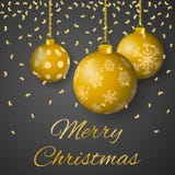 Merry Christmas luxury greeting card vector with decorated hanging gold colored christmas ornaments on gray background. royalty free illustration Merry Christmas luxury greeting card vector with decorated hanging gold colored christmas ornaments on gray background. royalty free illustration