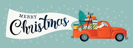 Merry christmas stylized typography. Vintage red car with santa claus, christmas tree and gift boxes. Vector flat style