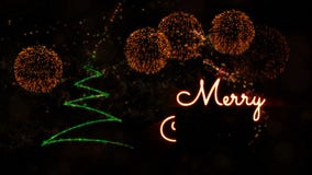 Merry Christmas' text animation with pine tree and fireworks