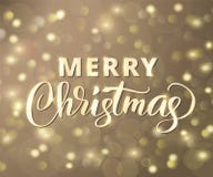 Merry Christmas text. Holiday greetings quote. Golden glowing sparkling lights background, bokeh effect. stock illustration Merry Christmas text. Holiday greetings quote. Golden glowing sparkling lights background, bokeh effect. stock illustration