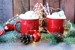 Merry Christmas, Two Red Cups Of Coffee With Marshmallows, Spruce Branches, New Year`s Toys Royalty Free Stock Photo