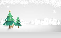 Merry christmas. Winter Snow countryside landscape. Paper and craft art. Illustration vector Merry christmas. Winter Snow countryside landscape. Paper and craft art. Illustration vector