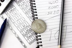 Mess on your desktop. Calculator, notebook, documents, Bitcoin stock images Mess on your desktop. Calculator, notebook, documents, Bitcoin stock images