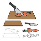Messen Scherpe Wortel op Houten die Raad en Overzicht op Witte Achtergrond wordt geïsoleerd Vector illustratie stock illustratie Messen Scherpe Wortel op Houten die Raad en Overzicht op Witte Achtergrond wordt geïsoleerd Vector illustratie stock illustratie