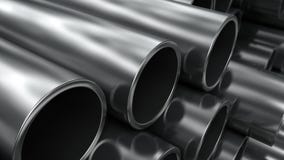 Metal or steel round pipes on warehouse . 3d animation. Slow motion camera,