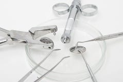 Metallic Dentist Tools Close Up In A Dentist Clinic. Stock Images