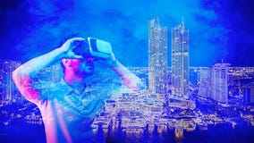 Metaverse concept of man with VR headset in virtual city from AR and VR technology
