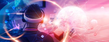 Metaverse Technology concepts. Teenager play VR virtual reality goggle and experiences of metaverse virtual world. Visualization