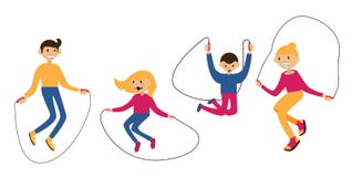 Metta con la famiglia che salta con la corda di salto, isolata su bianco Caratteri piani con i fronti felici Illustrazione di ben illustrazione di stock Metta con la famiglia che salta con la corda di salto, isolata su bianco Caratteri piani con i fronti felici Illustrazione di ben illustrazione di stock