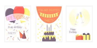 Metta dei biglietti di auguri per il compleanno con un dolce, i vetri di champagne, palloni Illustrazione di vettore illustrazione di stock Metta dei biglietti di auguri per il compleanno con un dolce, i vetri di champagne, palloni Illustrazione di vettore illustrazione di stock