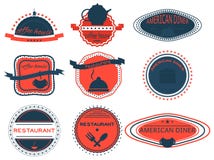 Metta il caffè, la cena americana, i retro distintivi d'annata, nastri illustrazione vettoriale Metta il caffè, la cena americana, i retro distintivi d'annata, nastri illustrazione vettoriale