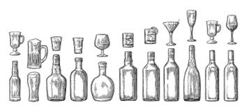 Metta la birra della bottiglia e di vetro, il whiskey, il vino, il gin, il rum, la tequila, il champagne, cocktail illustrazione vettoriale Metta la birra della bottiglia e di vetro, il whiskey, il vino, il gin, il rum, la tequila, il champagne, cocktail illustrazione vettoriale