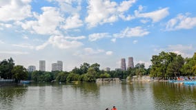 MEXIKO CITY, MEXIKO - 10. OKTOBER 2015: Leute in den Katamarann am See in Chapultepec parken stock video MEXIKO CITY, MEXIKO - 10. OKTOBER 2015: Leute in den Katamarann am See in Chapultepec parken stock video