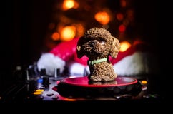Mezclador de DJ con los auriculares en fondo oscuro del club nocturno con Noche Vieja el árbol de navidad Ciérrese encima de vist Imagen de archivo Mezclador de DJ con los auriculares en fondo oscuro del club nocturno con Noche Vieja el árbol de navidad Ciérrese encima de vist Imagen de archivo