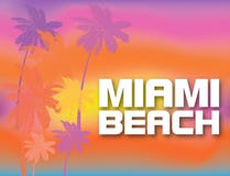 Miami Beach white lettering with colorful palm trees on beatiful sunset backround. Travel Postcard stock illustration Miami Beach white lettering with colorful palm trees on beatiful sunset backround. Travel Postcard stock illustration