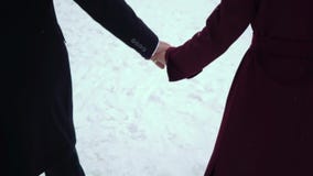 Mid-aged couple walking in showly winter park holding hands