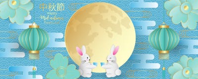 Mid autumn festival greeting card with cute rabbit, flowers and moon cake with lantern on blue background, Paper art style.
