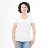 Middle age woman in tshirt on white background. Mock up for design. Copy space. Template. Blank stock image Middle age woman in tshirt on white background. Mock up for design. Copy space. Template. Blank stock image