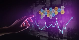 Mieszani środki, business intelligence analityka Ikony, wykresy i mapy na wirtualnym ekranie, Inwestycja i handlarski pojęcie royalty ilustracja Mieszani środki, business intelligence analityka Ikony, wykresy i mapy na wirtualnym ekranie, Inwestycja i handlarski pojęcie royalty ilustracja