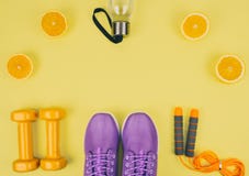 Mieszkanie nieatutowy strzał sneakers, dumbbells, skok arkana obrazy stock Mieszkanie nieatutowy strzał sneakers, dumbbells, skok arkana obrazy stock