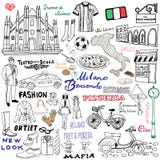 Milan Italy-schetselementen Hand getrokken reeks met Duomo-kathedraal, vlag, kaart, schoen, manierpunten, pizza, het winkelen str vector illustratie Milan Italy-schetselementen Hand getrokken reeks met Duomo-kathedraal, vlag, kaart, schoen, manierpunten, pizza, het winkelen str vector illustratie