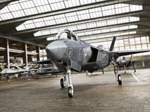 Military aviation arsenal inside a military hangar awaiting deployment. F 35 Fighter jet, stealth fighter and attack drone. stock illustration Military aviation arsenal inside a military hangar awaiting deployment. F 35 Fighter jet, stealth fighter and attack drone. stock illustration