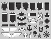 Military patches. Army soldier emblem, troops badges and air force insignia patch design elements vector set royalty free illustration Military patches. Army soldier emblem, troops badges and air force insignia patch design elements vector set royalty free illustration