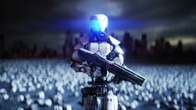 Military robot and skulls of people. Dramatic apocalypse super realistic concept. Rise of the Machines. Dark future.
