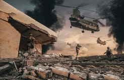 Military soldiers on the roof of destroyed house royalty free stock photography Military soldiers on the roof of destroyed house royalty free stock photography