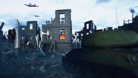 A military tank stands on the ruins and an Armada of military aircraft flies over the ruins of the destroyed deserted