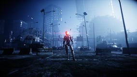 Militär robot i förstörd stad Framtida apokalypsbegrepp framförande 3d vektor illustrationer Militär robot i förstörd stad Framtida apokalypsbegrepp framförande 3d vektor illustrationer
