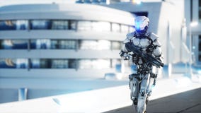 Militärroboter mit dem Gewehrgehen Futuristische Stadt, Stadt Wiedergabe 3d lizenzfreie abbildung Militärroboter mit dem Gewehrgehen Futuristische Stadt, Stadt Wiedergabe 3d lizenzfreie abbildung