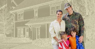 Militärsoldatfamilie vor Hauszeichnungsskizze lizenzfreie stockbilder Militärsoldatfamilie vor Hauszeichnungsskizze lizenzfreie stockbilder