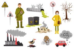 Miljöbelastningproblem ställde in, förorening av luft och vatten, skogsavverkning, illustrationer för vektor för varningstecken p stock illustrationer Miljöbelastningproblem ställde in, förorening av luft och vatten, skogsavverkning, illustrationer för vektor för varningstecken p stock illustrationer