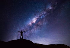 Milky Way landscape. Silhouette of Happy man standing on top of mountain with night sky and bright star on background Royalty Free Stock Images Milky Way landscape. Silhouette of Happy man standing on top of mountain with night sky and bright star on background Royalty Free Stock Images