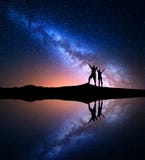 Milky Way and silhouette of happy people on the mountain Royalty Free Stock Photo Milky Way and silhouette of happy people on the mountain Royalty Free Stock Photo