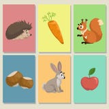 Mini game cards. Cute animals and their food. Hedgehog, apple, squirrel and hazelnuts, hare bunny and carrot. Educational illust royalty free illustration Mini game cards. Cute animals and their food. Hedgehog, apple, squirrel and hazelnuts, hare bunny and carrot. Educational illust royalty free illustration