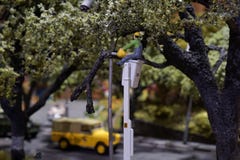 Miniatuur het snoeien boom en besnoeiingsbladeren op weg Arbeiderstribunes op vrachtwagenkraan royalty-vrije stock foto's Miniatuur het snoeien boom en besnoeiingsbladeren op weg Arbeiderstribunes op vrachtwagenkraan royalty-vrije stock foto's