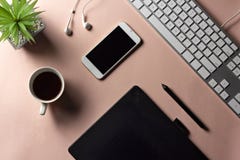Minimal workspace for designer with electronic goods and espress royalty free stock photography Minimal workspace for designer with electronic goods and espress royalty free stock photography